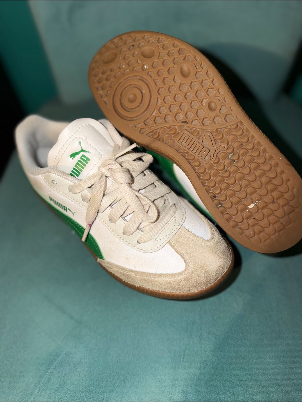 Puma Kids White and Green Low-Top Sneakers with Gum Sole